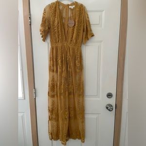 NWT Small Honey Punch lace maxi romper dress in mustard yellow
